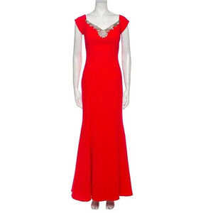 Mikael Aghal Mermaid V-neck Embellished Gown Maxi Dress Size 6 Red #1J403